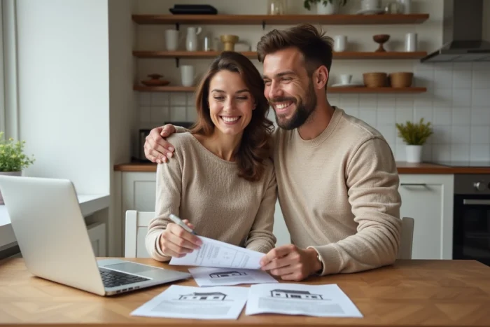Couple consultant des annonces immobilières sur un ordinateur portable dans un appartement moderne