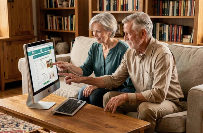 Couple de seniors naviguant ensemble sur un site de santé grâce au sitemap depuis leur salon