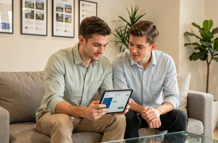 Un jeune couple consulte une simulation de prêt immobilier sur une tablette dans une agence immobilière
