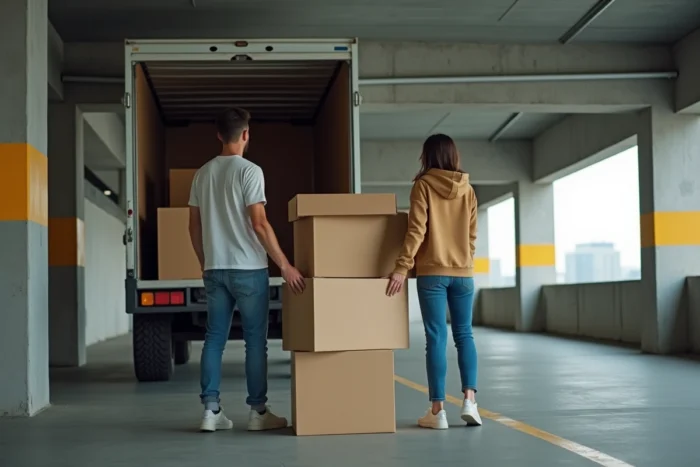 Couple déchargeant des cartons de meubles d'un camion de location dans un parking souterrain