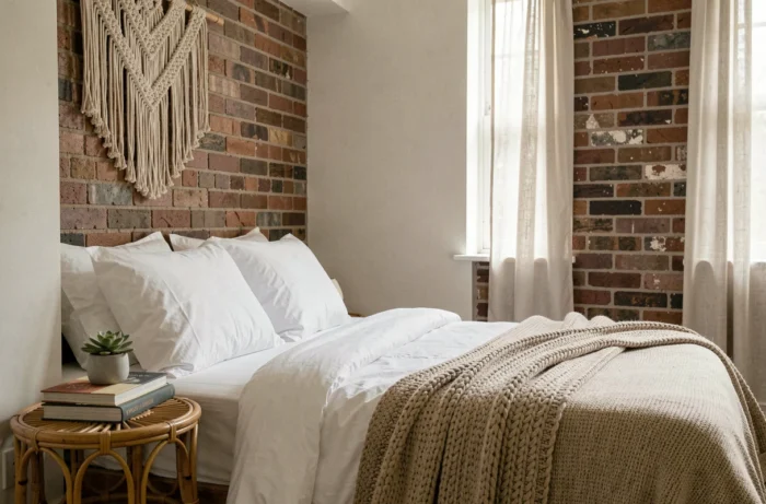 Coin chambre cosy avec lit en percale blanche, plaid tricoté beige, table de chevet en rotin et suspension en macramé