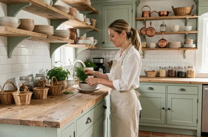 Femme arrangeant des herbes et de la vaisselle sur des étagères en bois dans une cuisine rénovée de style ferme