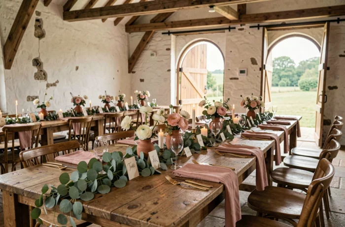 Table de réception de mariage décorée de pivoines, d'eucalyptus et de bougies dans une grange en pierre rénovée