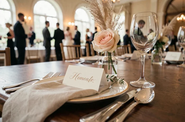 Détail d'une table de mariage haut de gamme avec vaisselle dorée, calligraphie et fleurs pour une décoration personnalisée et raffinée