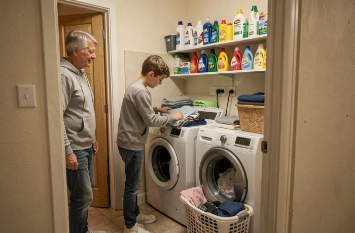 Un adolescent pliant du linge dans une buanderie familiale pendant qu'un parent observe, illustrant la délégation de tâches domestiques