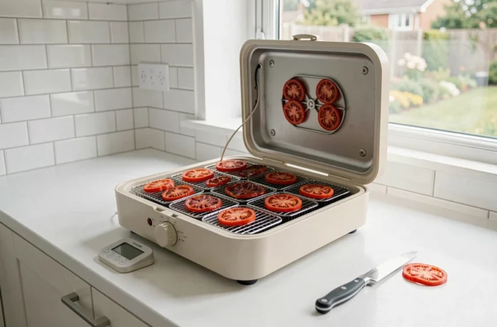 Déshydrateur électrique ouvert avec plateaux chargés de tranches de tomates en cours de séchage dans une cuisine moderne