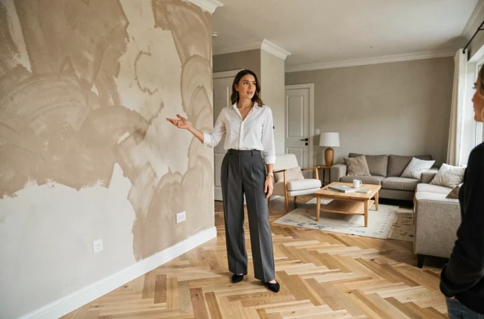 Designer d'intérieur présentant la transformation d'un salon en cours de rénovation à sa cliente