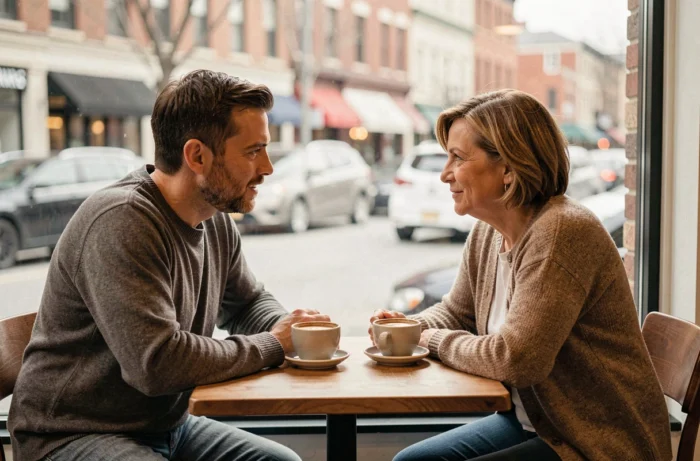 Un homme et une femme en conversation sincère et attentive dans un café, représentant l'écoute active et le dialogue constructif