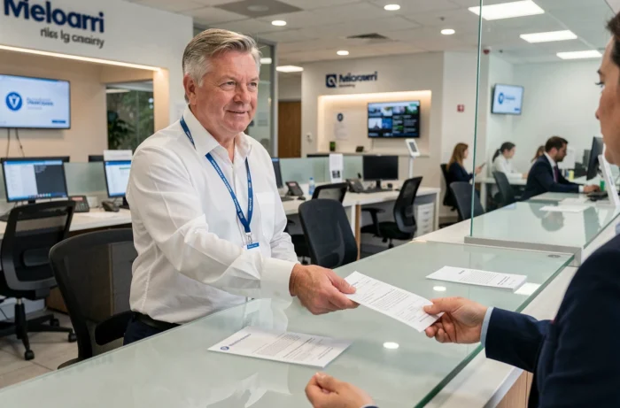 Directeur d'agence bancaire remettant un refus de remboursement anticipé à un client au guichet