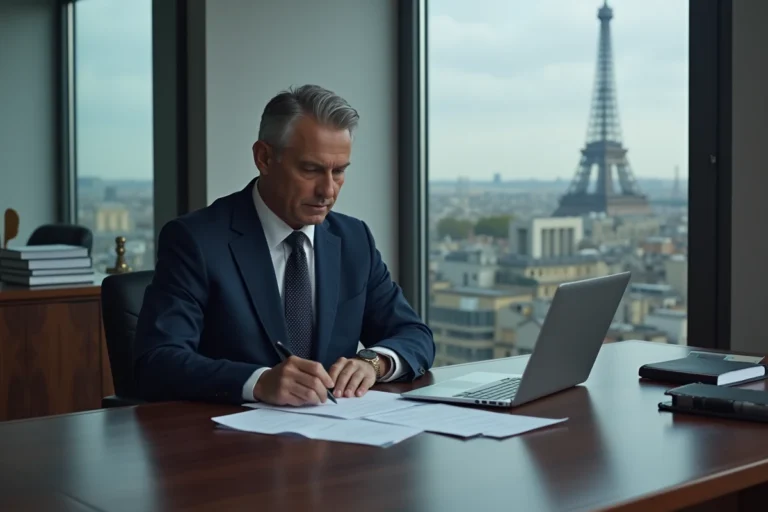 Dirigeant discret en costume marine assis à son bureau parisien, personnalité influente du monde des affaires français