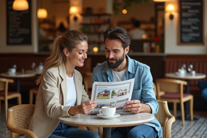 Deux personnes discutant d'une annonce immobilière imprimée dans un café parisien, illustrant la recherche de biens en France