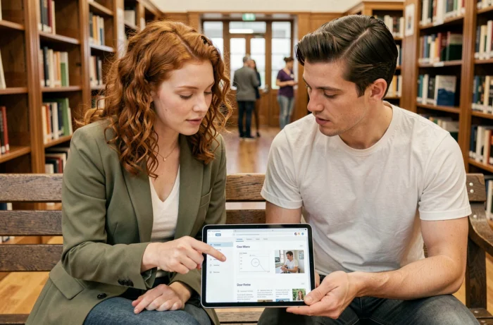 Deux personnes découvrant ensemble la navigation et l'organisation d'un site web sur une tablette en bibliothèque
