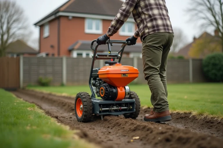 Homme utilisant une engazonneuse thermique automotrice pour semer du gazon sur une pelouse résidentielle en automne