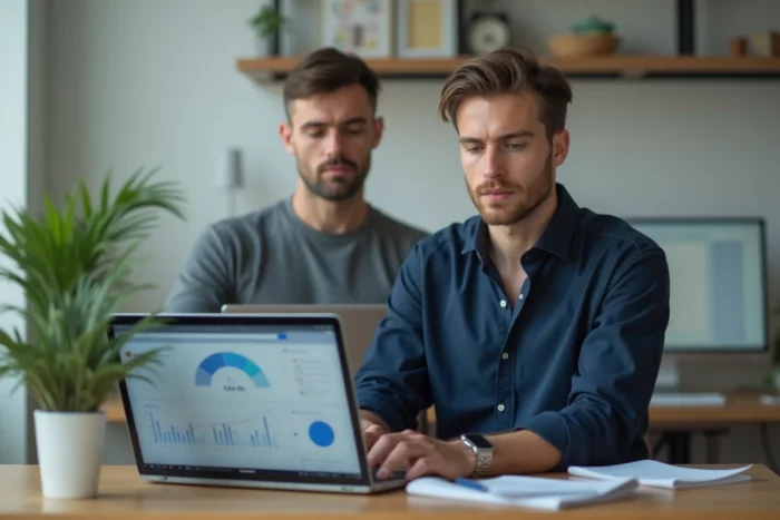 Homme entrepreneur analysant ses revenus en ligne sur un ordinateur portable dans un bureau moderne