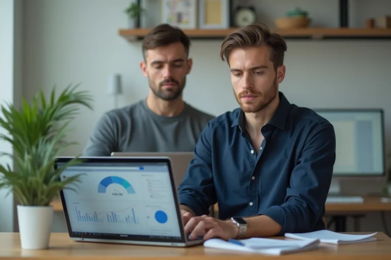 Homme entrepreneur analysant ses revenus en ligne sur un ordinateur portable dans un bureau moderne