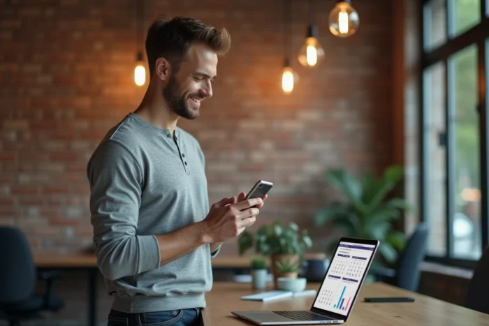 Jeune entrepreneur debout dans un espace de coworking, consultant un smartphone affichant une interface web et un ordinateur portable avec une stratégie SEO