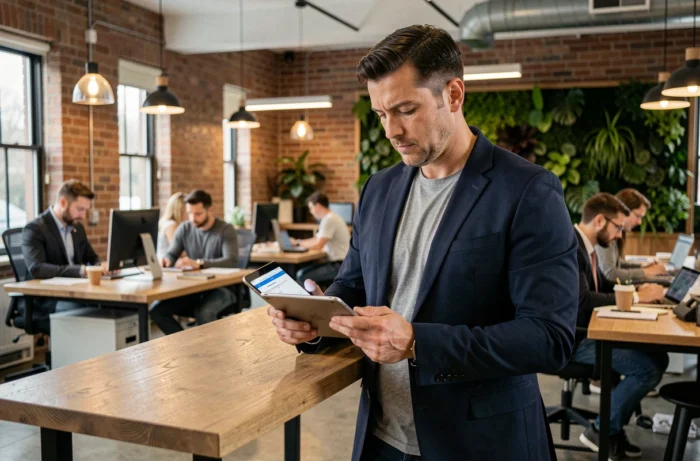 Entrepreneur masculin consultant une stratégie business sur tablette dans un espace de coworking contemporain