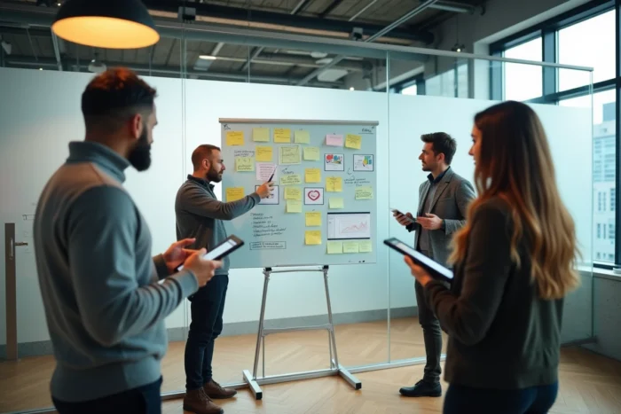 Équipe d'une agence de communication marketing collaborant sur une stratégie SMS autour d'un tableau blanc