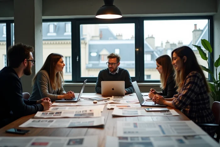 Équipe de journalistes indépendants en réunion éditoriale dans une salle de rédaction moderne à Paris