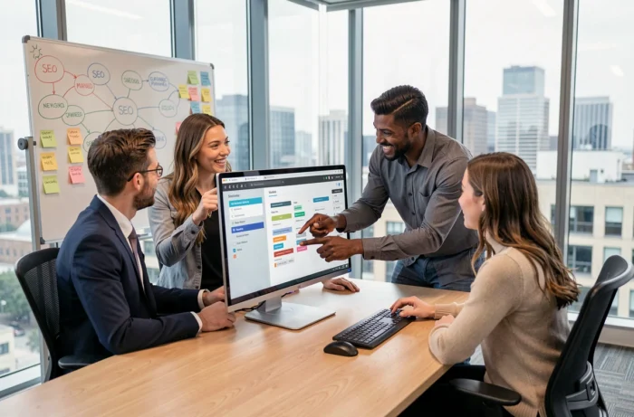 Équipe de jeunes professionnels discutant d'une stratégie SEO autour d'un écran dans une salle de réunion de startup