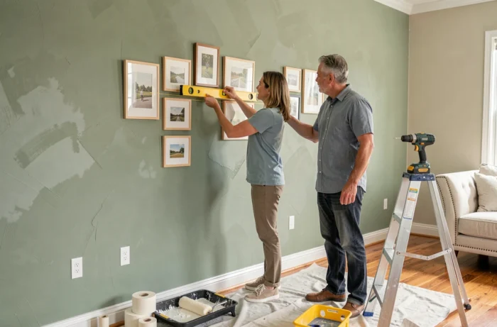 Couple utilisant un niveau à bulle et des outils de décoration pour accrocher des cadres sur un mur intérieur rénové