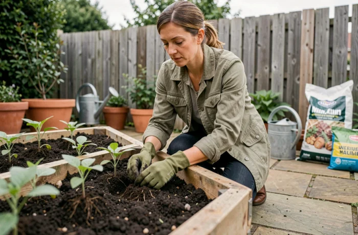 Femme équipée de gants de jardinage plantant des semis dans un carré potager surélevé en bois dans un jardin