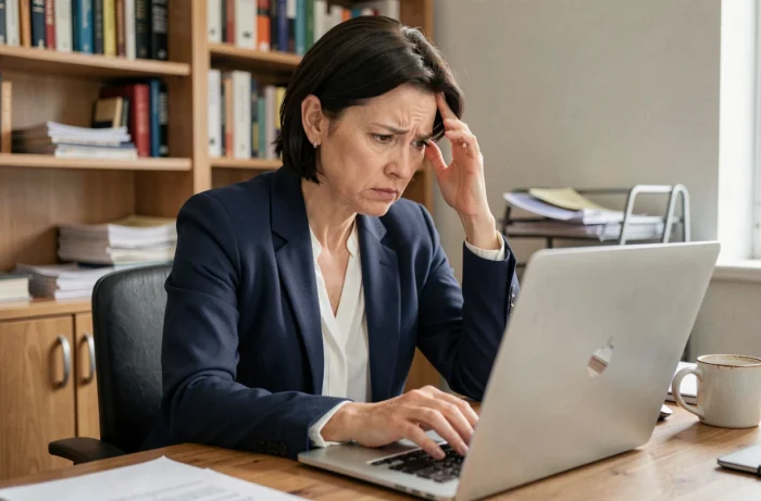 Femme d'entreprise frustrée face à une erreur de connexion sur l'extranet SNCF agence famille depuis son bureau à domicile