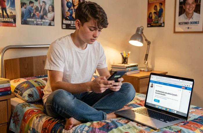 Étudiant dans sa chambre consultant son smartphone face à une erreur de connexion sur un site bloqué