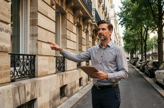 Expert immobilier évaluant un immeuble haussmannien dans une rue parisienne