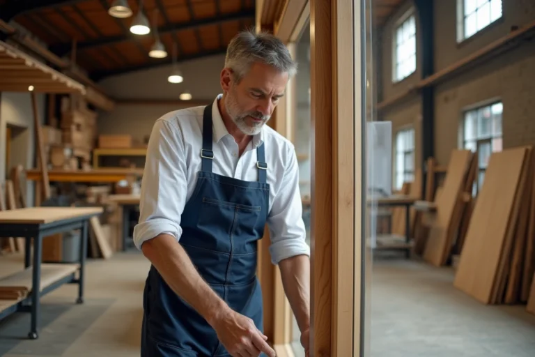 Artisan fabricant de fenêtres inspectant un cadre en bois massif dans un atelier de menuiserie professionnel