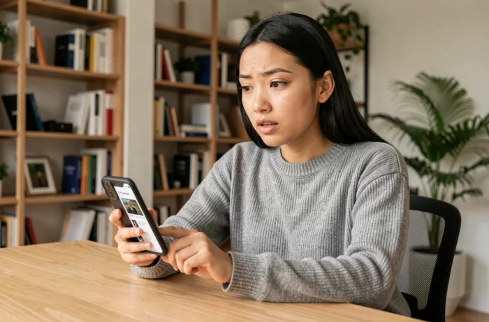 Jeune femme consultant les actualités virales sur son smartphone dans un bureau moderne