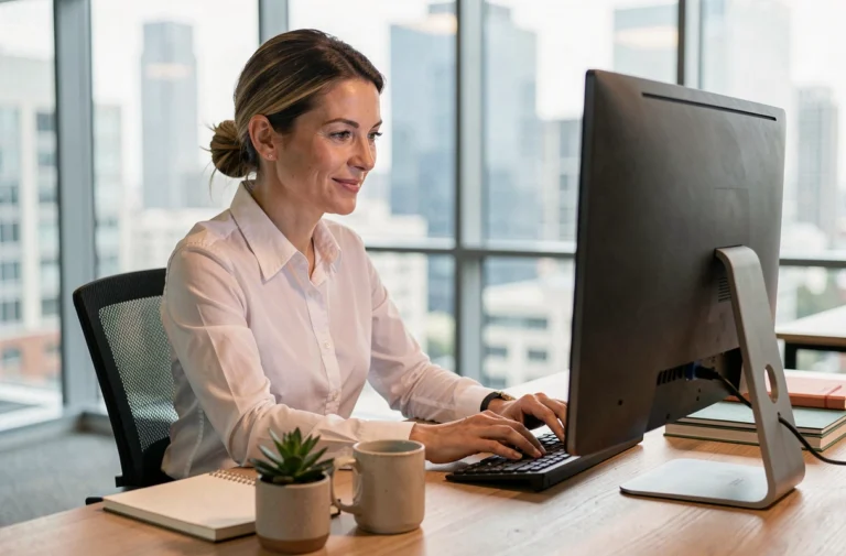 Femme d'affaires consultant des contenus business en ligne sur un grand écran dans un bureau moderne et lumineux