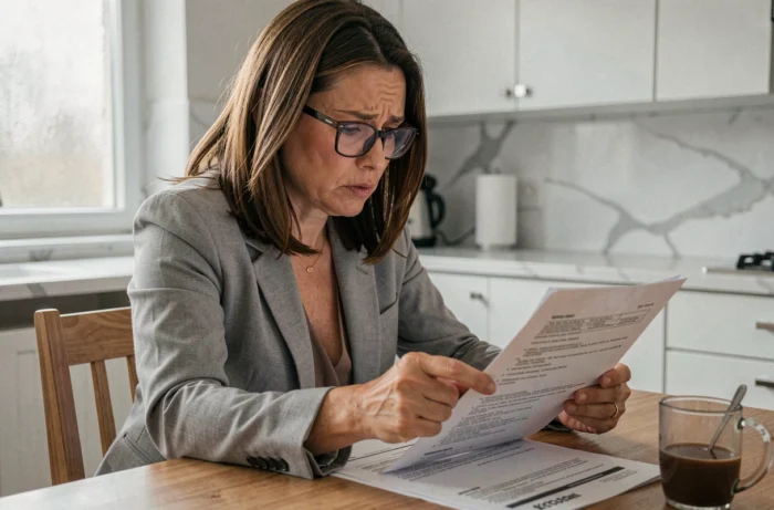 Femme étudiant les clauses de remboursement anticipé de son contrat de crédit immobilier à domicile