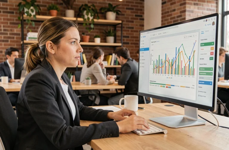 Femme professionnelle analysant des données SEO sur un écran d'ordinateur dans un bureau moderne