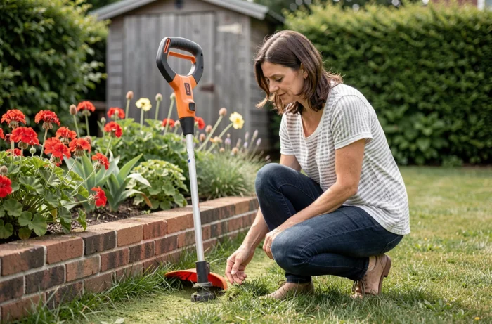 Femme inspectant les bordures de gazon après utilisation du coupe-bordure Bosch Art 23 SL dans un jardin fleuri