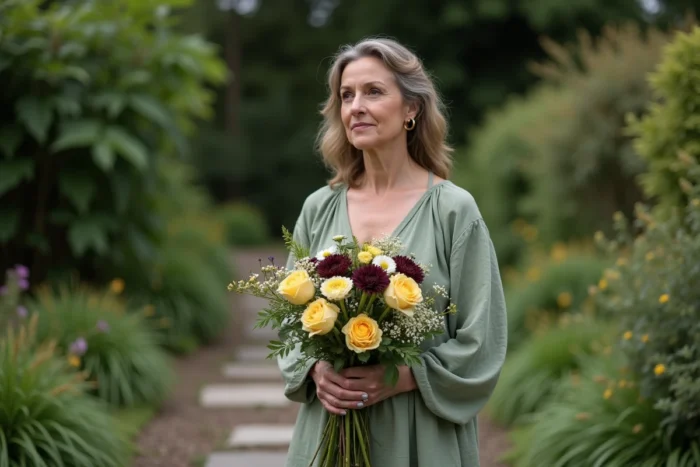 Femme tenant un bouquet de fleurs à signification symbolique dont des roses jaunes et des dahlias, dans un jardin romantique aux allures mélancoliques