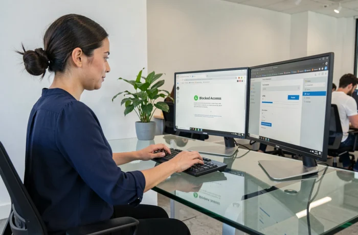 Femme en bureau professionnel cherchant une solution pour débloquer l'accès à un site internet