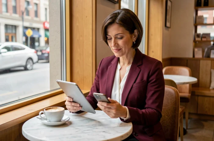 Femme d'affaires expérimentée consultant son CV sur tablette dans un café pour booster sa carrière en ligne