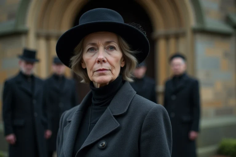 Femme portant un chapeau noir à large bord avec voilette lors d'un enterrement devant une église en pierre