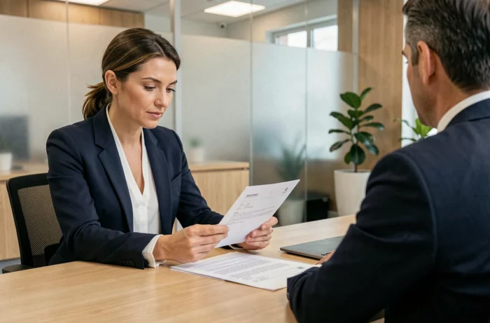 Une femme professionnelle discute de son dossier de crédit avec un conseiller bancaire dans une agence moderne