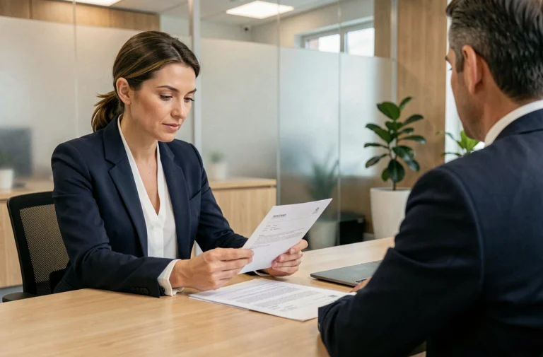 Une femme professionnelle discute de son dossier de crédit avec un conseiller bancaire dans une agence moderne