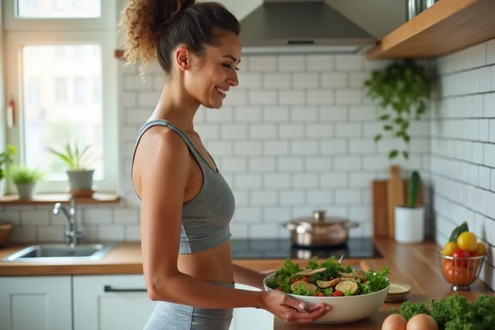 Femme préparant un repas sain dans une cuisine moderne pour perdre les kilos du stress