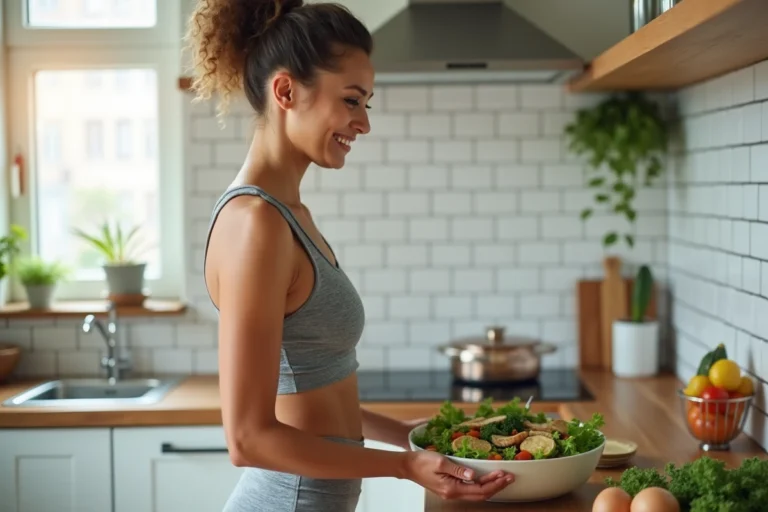 Femme préparant un repas sain dans une cuisine moderne pour perdre les kilos du stress