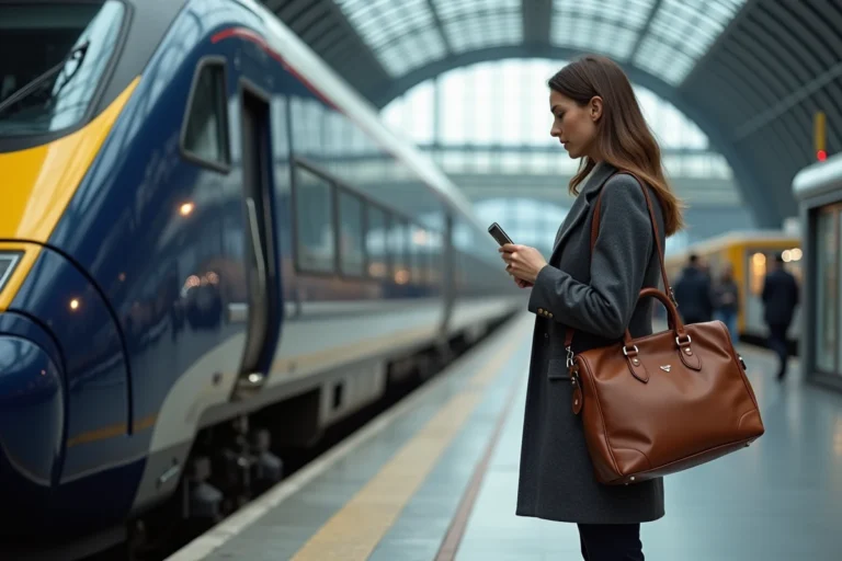 Femme avec bagage devant un train Eurostar en gare internationale, illustrant le choix entre Eurostar et TGV