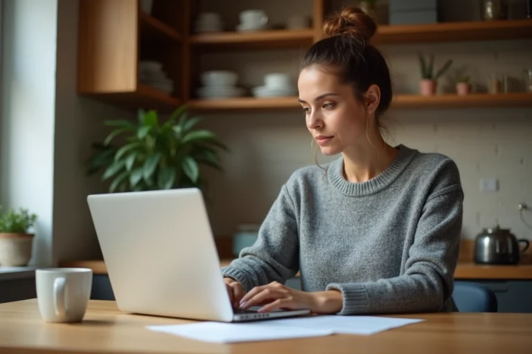 Femme gérant son budget personnel sur un ordinateur portable à une table de cuisine en bois avec documents financiers