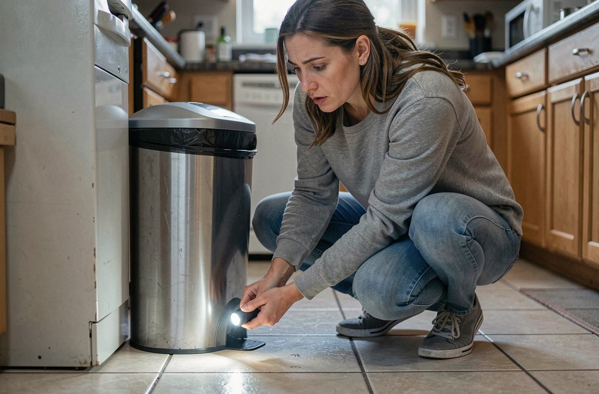 Femme inspectant la base d'une poubelle de cuisine à la recherche de pupes de mouches dans son domicile