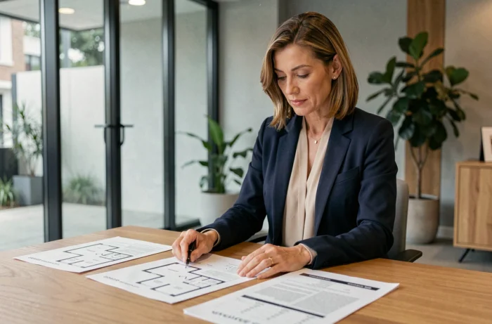 Femme investisseuse immobilière analysant des plans et documents financiers dans une agence moderne