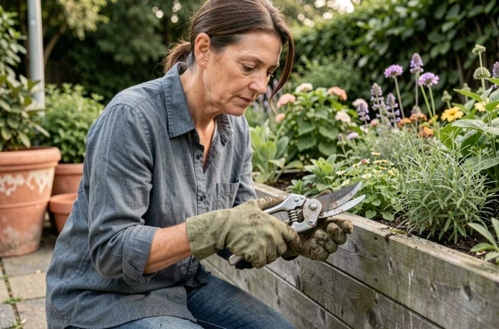 Femme d'âge mûr évaluant des sécateurs en acier inoxydable dans un jardin bien entretenu avec des herbes et des plantes en fleurs