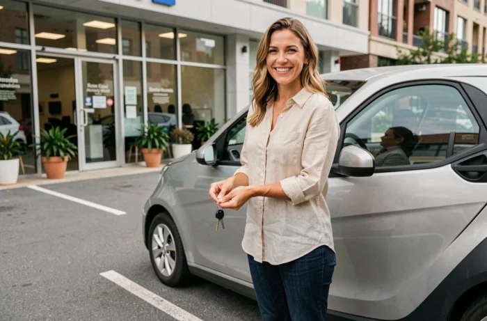 Femme souriante tenant les clés d'une voiture sans permis devant une agence de location en ville