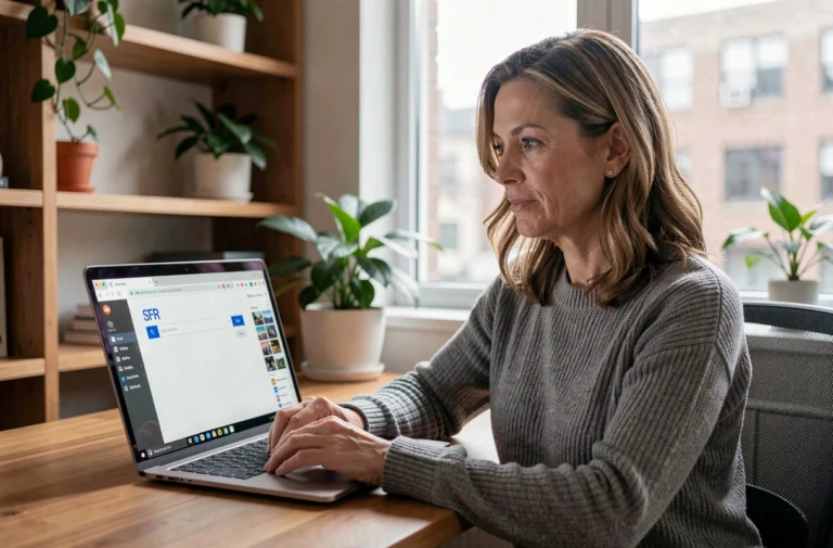 Femme utilisant le moteur de recherche SFR sur un ordinateur portable dans un bureau à domicile moderne